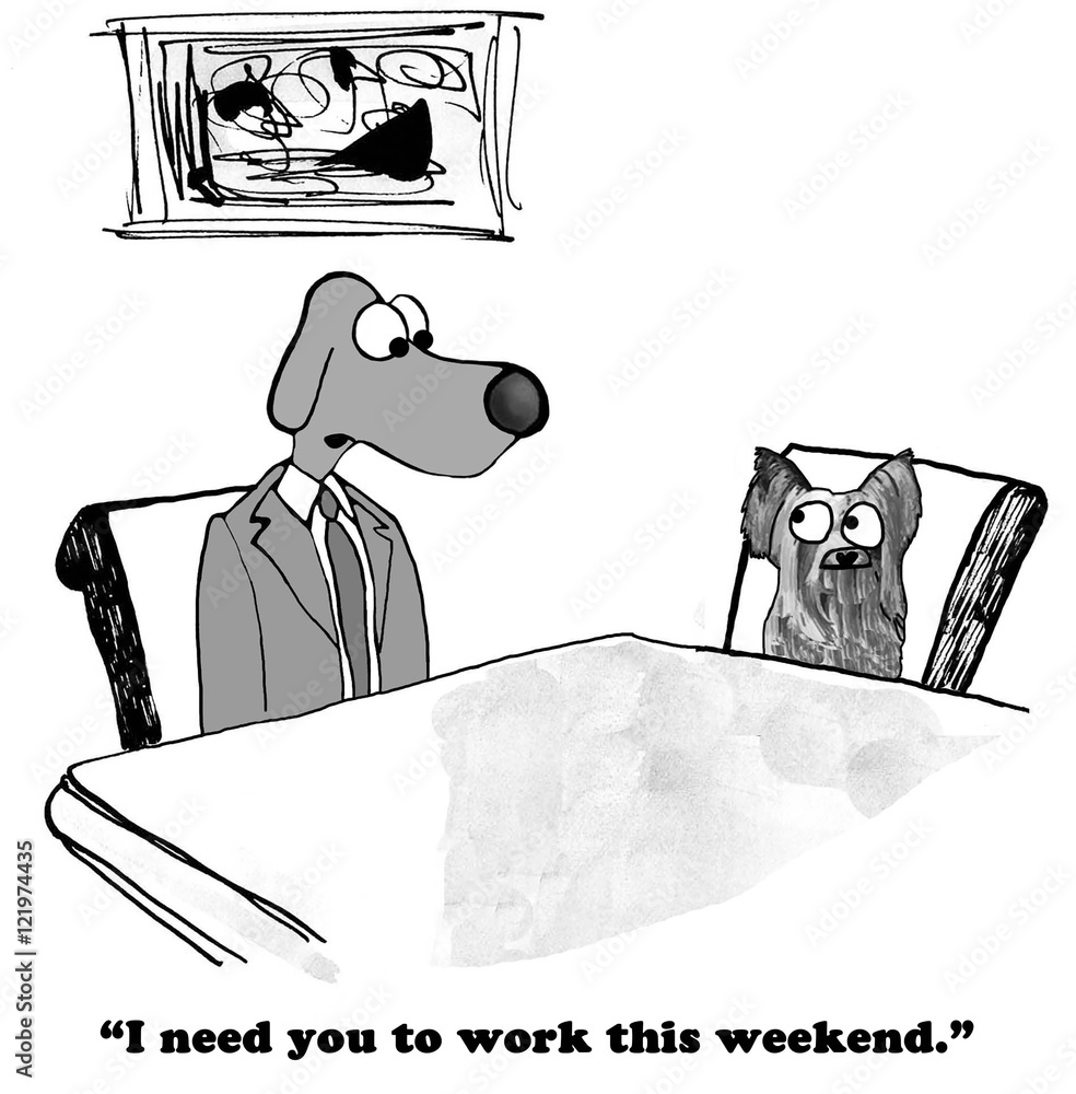 B&W business cartoon about needing to work weekend overtime. Stock  Illustration | Adobe Stock