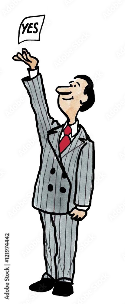 Color business illustration of a businessman reaching up to grab 'yes'. Color business illustration of a businessman reaching up to grab 'yes'.