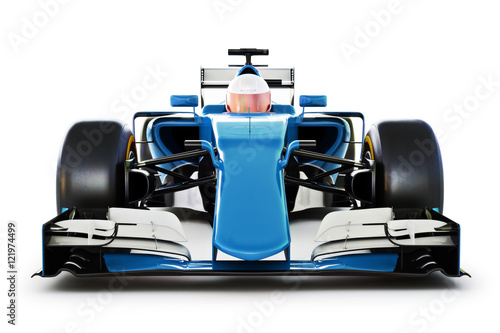 Blue Race car and driver front view on a white isolated background.Generic 3d rendering