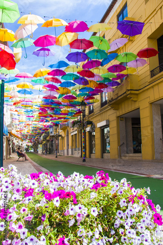 Street decorated with colored umbrellas.Agueda, Portugal