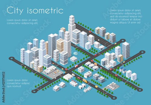 Transportation 3D city streets intersection with houses and trees. Isometric view from above on a city transport