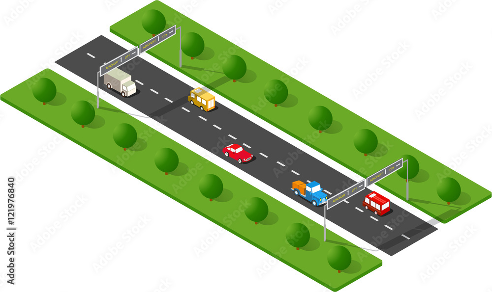 Transport urban road with trees. Isometric view from above on a city transport Transport urban road with trees. Isometric view from above on a city transport