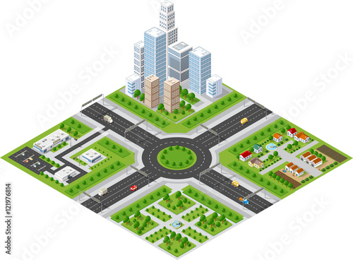 Transportation City streets intersection with houses and trees. Isometric view from above on a city transport