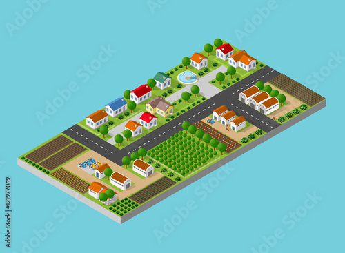 Isometric farm with the houses, streets and buildings. The three-dimensional top view of a rural landscape with nature and with the town streets
