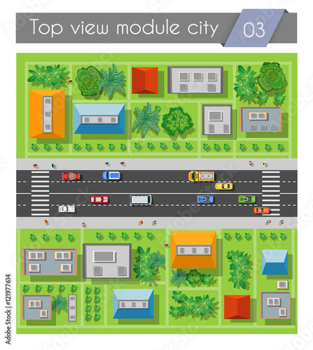 Highway road section with cars and transport top view. City driveway