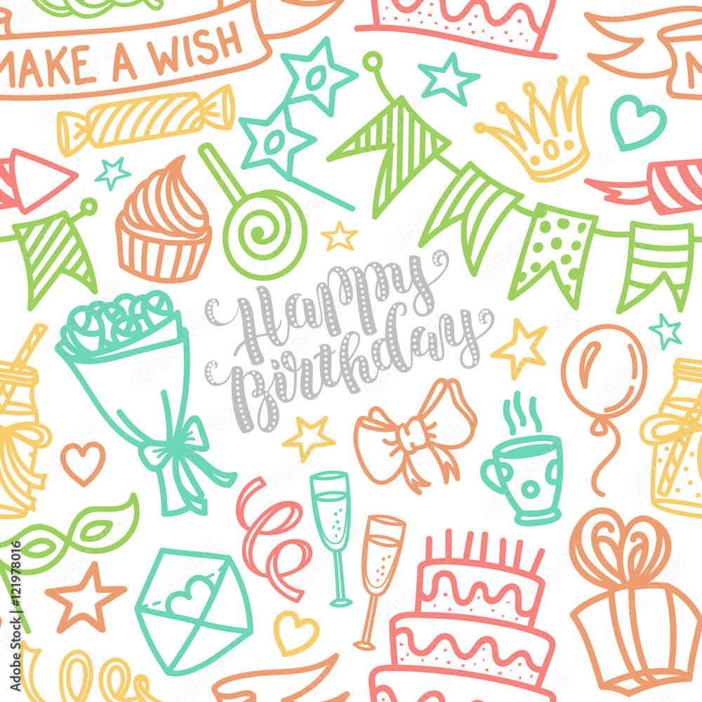 Birthday party lettering and doodle seamless pattern