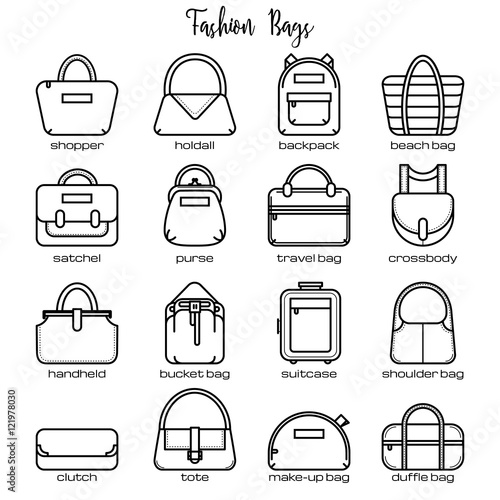 Set of black and white fashion bag line icons