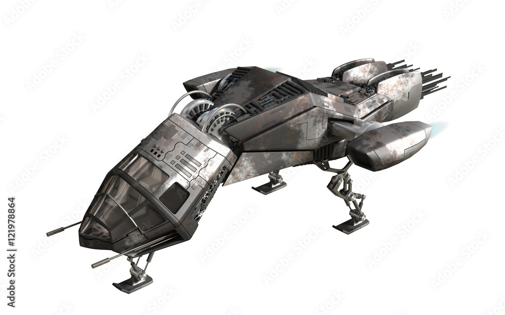 3D rendering of military drone or alien spacecraft for science fiction  backgrounds, fantasy war games, futuristic battles or space travel, with  the clipping path included in the file. ilustración de Stock
