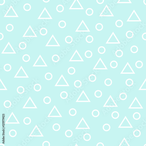 Seamless blue and white geometric pattern with thin line randomly arranged triangles and rings on white background. Abstract geometrical background of triangle  circle. Vector illustration.