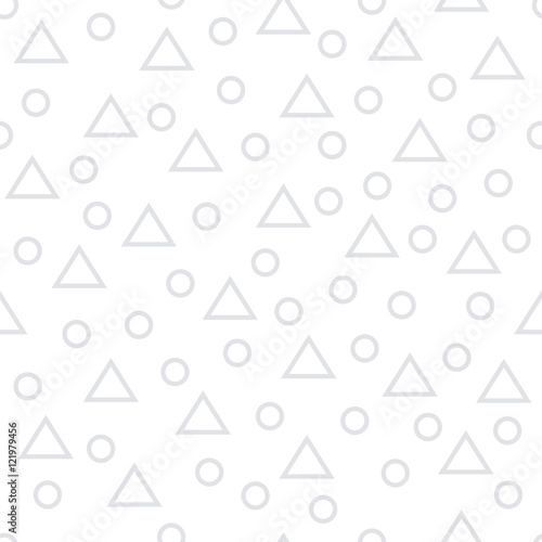 Seamless geometric pattern with gray thin line randomly arranged triangles and rings on white background. Abstract geometrical background of triangle, circle. Vector illustration.