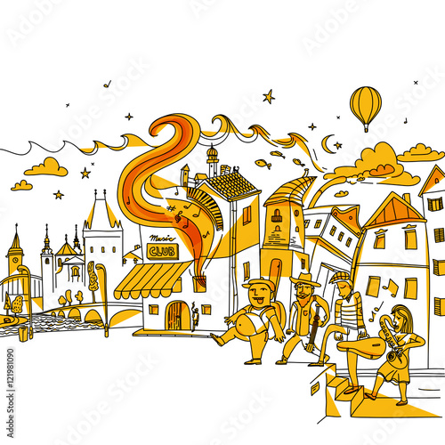 Jazz musicians walking to a music club. Doodle drawing of cultural evening in the city. Creative funky line art illustration.