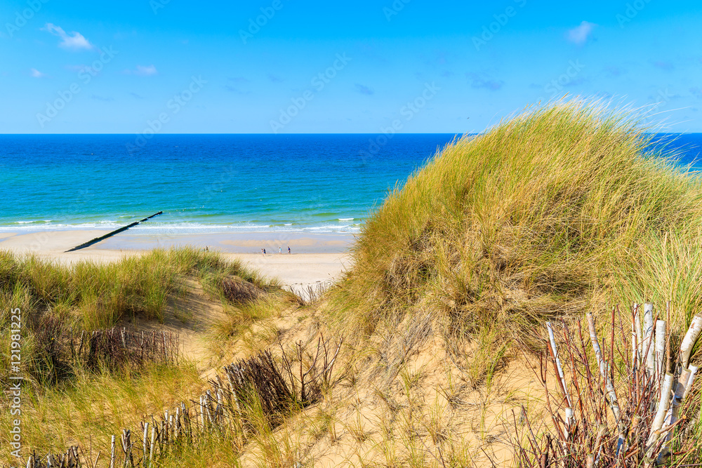 Grass on sand dune and sea view at Wenningstedt beach, Sylt island, Germany
