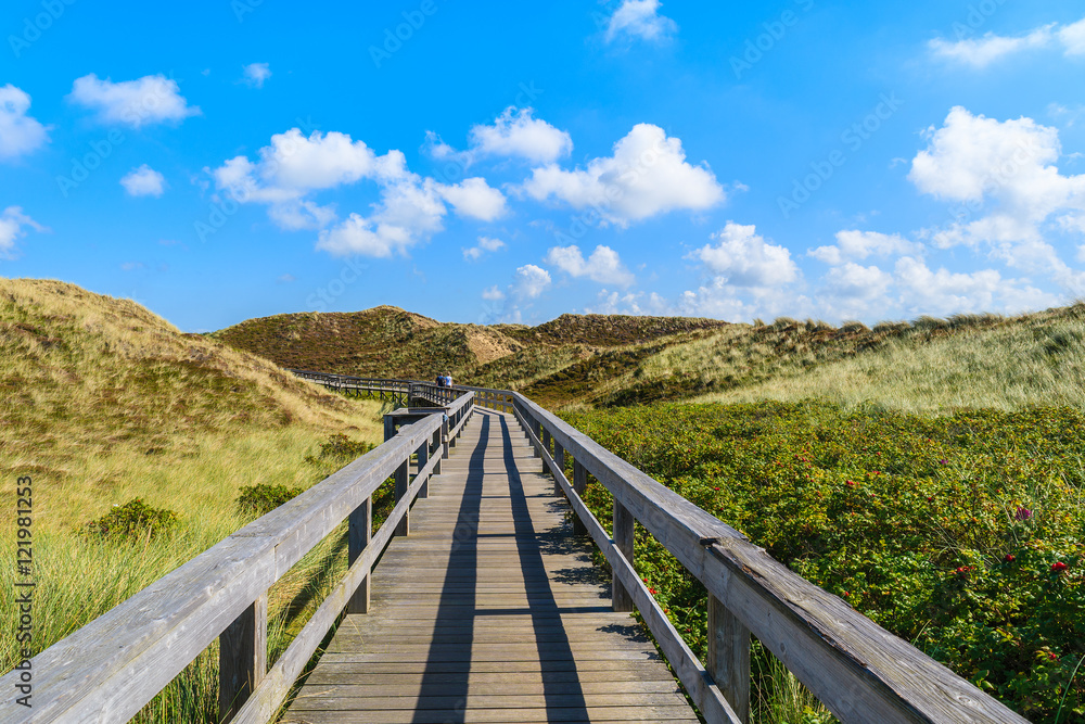 Wooden walkway to beach among sand dunes on Sylt island, Germany