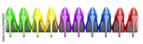 row from color high heel shoes, 3D rendering