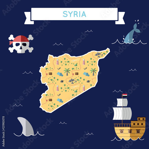 Flat treasure map of Syrian Arab Republic. Colorful cartoon with icons of ship, jolly roger, treasure chest and banner ribbon. Flat design vector illustration.