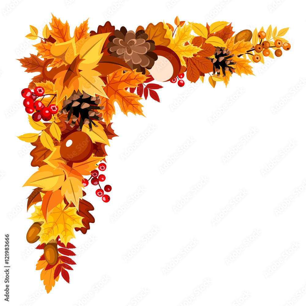 Naklejka premium Vector corner background with orange, yellow and brown autumn leaves, cones, chestnuts, rowanberries and acorns.