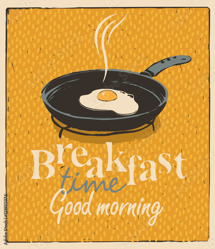 Vector banner for breakfast time with a frying pan and fried eggs in retro style
