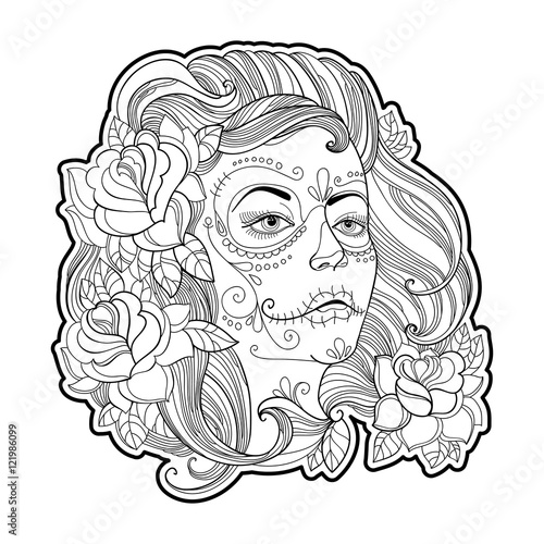 Girl face with Sugar skull or Calavera Catrina makeup and roses isolated on white. Vector illustration for Mexican Day of the dead or Dia de los Muertos. Design for coloring book in contour style.