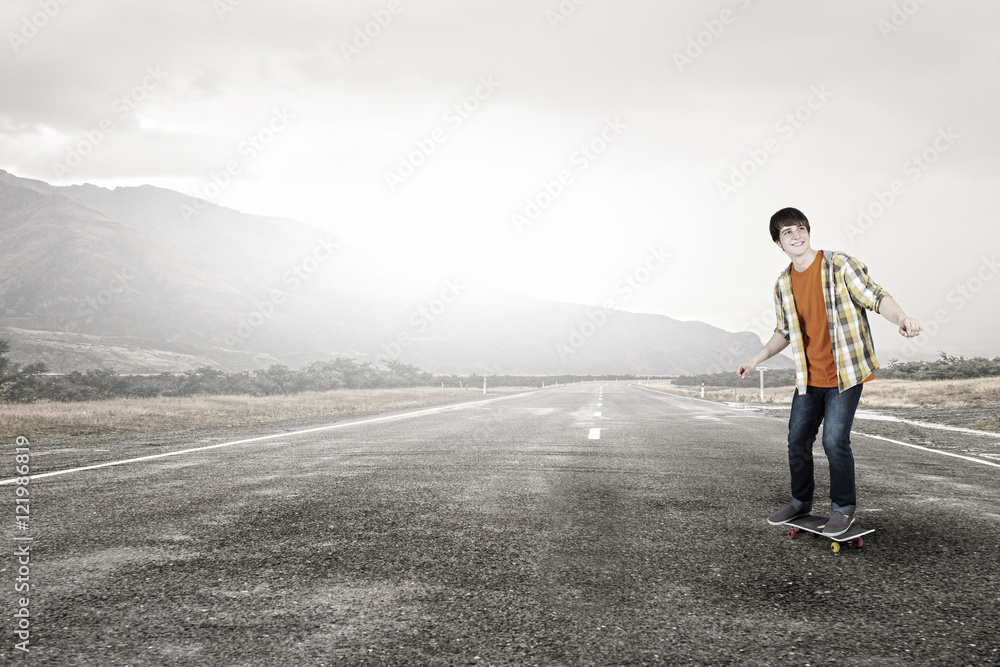 Boy ride skateboard . Mixed media