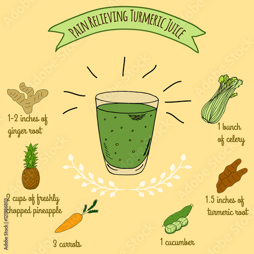 Hand drawn sketch illustration. Recipe and ingredients of healthy and energy drink for restaurant or cafe. Vegan Detox drinks. Gluten free drinks. Vegetarian Smoothie Recipe. Hydration Juice.