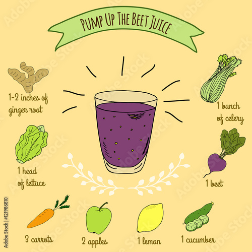 Hand drawn sketch illustration. Recipe and ingredients of healthy and energy drink for restaurant or cafe. Vegan Detox drinks. Gluten free drinks. Vegetarian Smoothie Recipe. Beet Juice.


