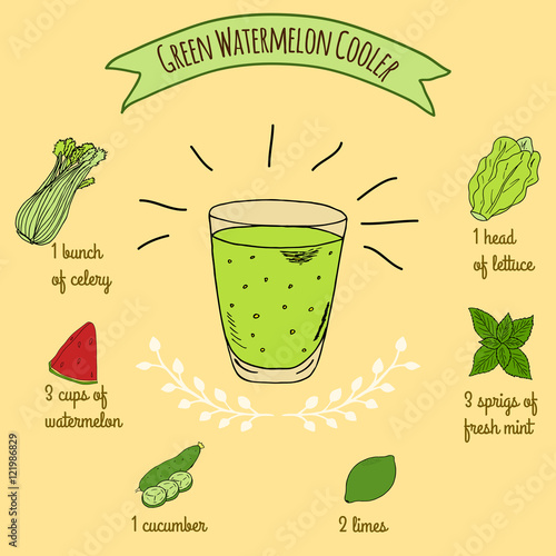 Hand drawn sketch illustration. Recipe and ingredients of healthy energy drink for restaurant or cafe. Vegan Detox drinks. Gluten free drinks. Vegetarian Smoothie Recipe. Watermelon Juice.