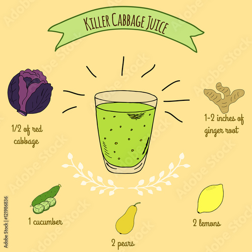 Hand drawn sketch illustration. Recipe and ingredients of healthy energy drink for restaurant or cafe. Vegan Detox drinks. Gluten free drinks. Vegetarian Smoothie Recipe. Cabbage Juice.