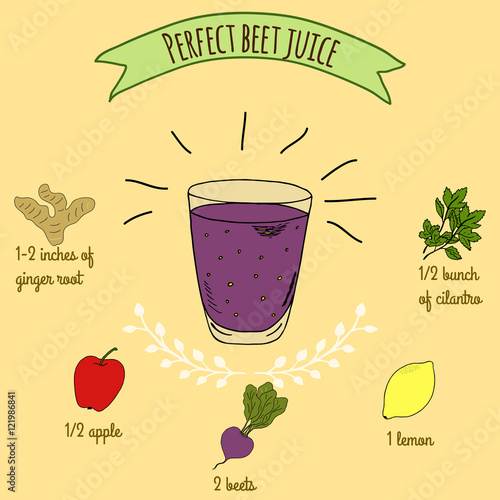 Hand drawn sketch illustration. Recipe and ingredients of healthy energy drink for restaurant or cafe. Vegan Detox drinks. Gluten free drinks. Vegetarian Smoothie Recipe. Beet Juice.