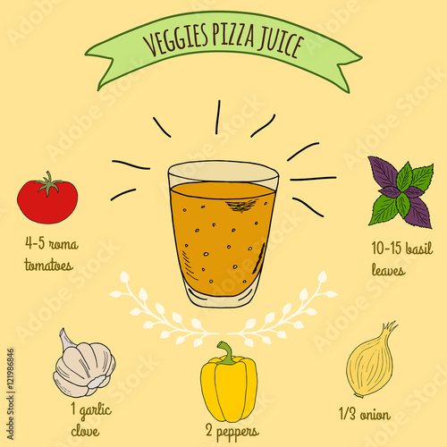 Hand drawn sketch illustration. Recipe and ingredients of healthy energy drink for restaurant or cafe. Vegan Detox drinks. Gluten free drinks. Vegetarian Smoothie Recipe. Vegetable Juice.