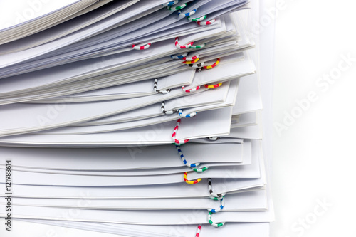 reports with colorful paper clip place on white background