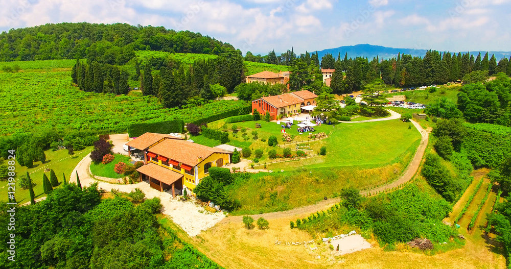 Aerial view of Tenuta Coffele, an old farmhouse in the hills aro