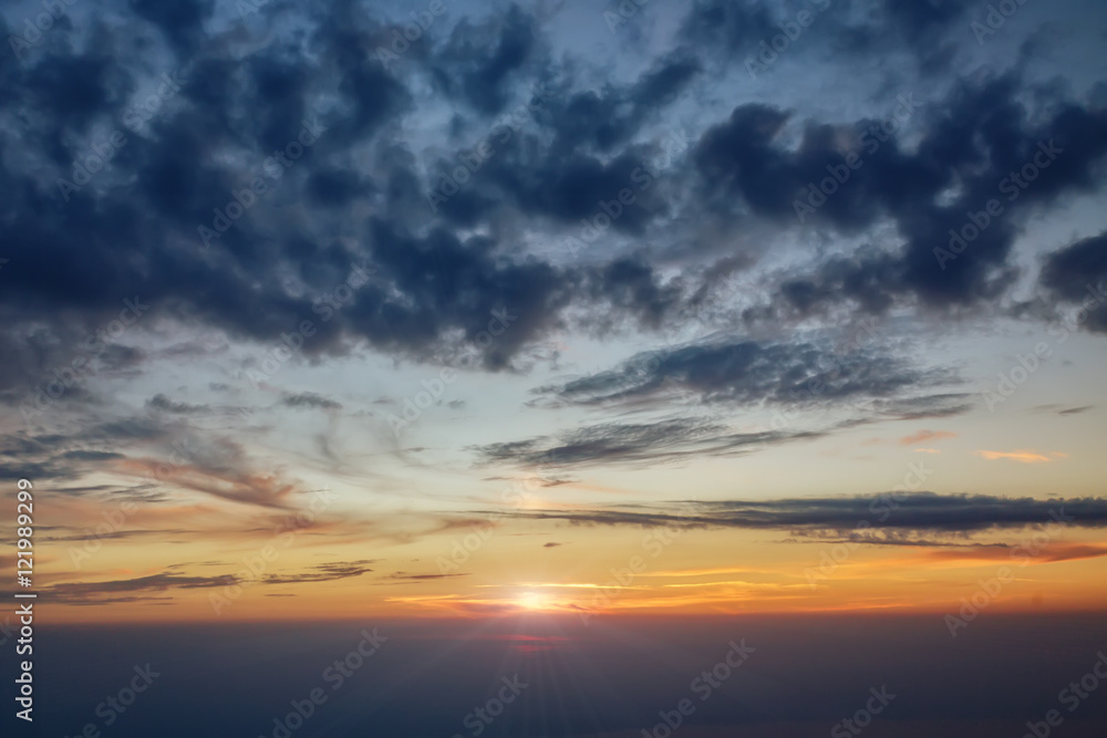 Sunset at an altitude of 3 km above the ground