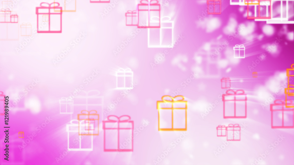 Christmas pink background with gift boxes and snowflakes.