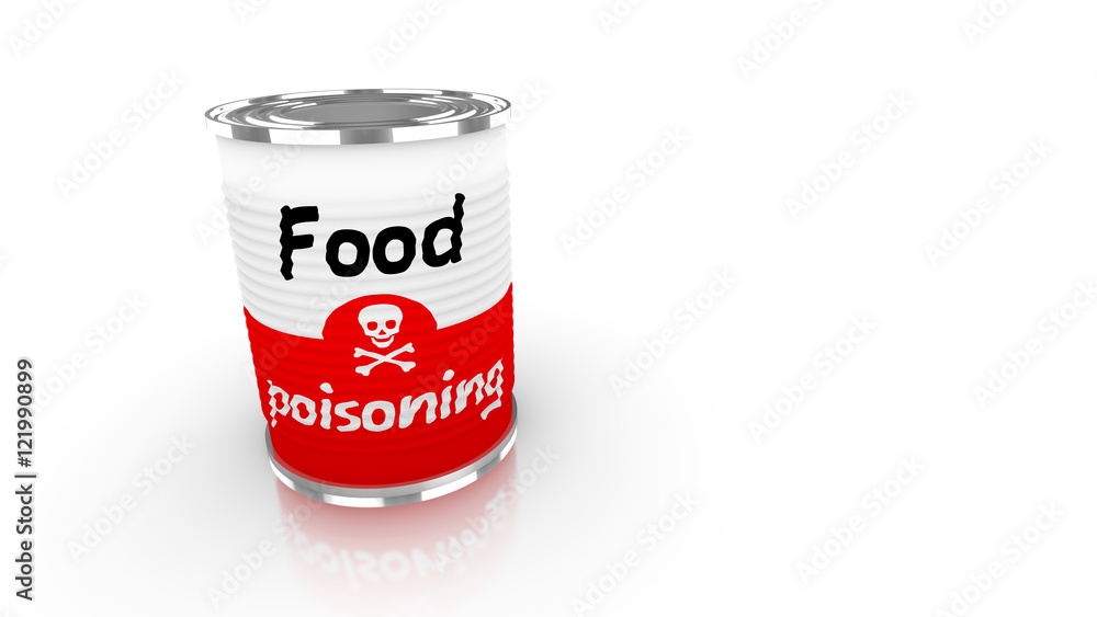 Tin can with red and white food poisioning label Tin can with red and white food poisioning label