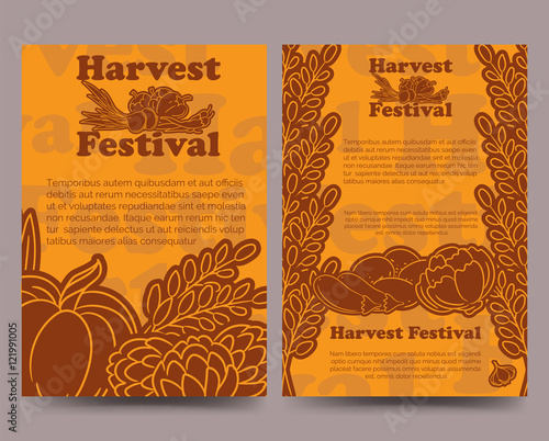 Harvest festival brochure flyer template with lined vegetables. Vector illustration