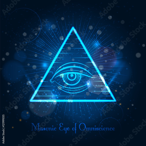 Masonic eye of Omniscience on blue shining background. Vector illustration