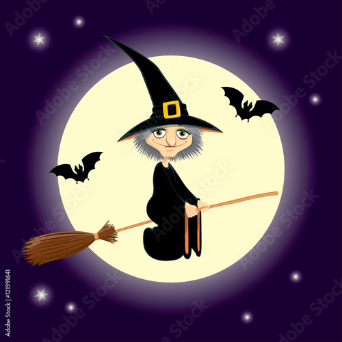 Vector Halloween illustration of a cute cartoon witch flying on a broomstick. Dark purple night sky with shiny moon and stars on the background. Square format.