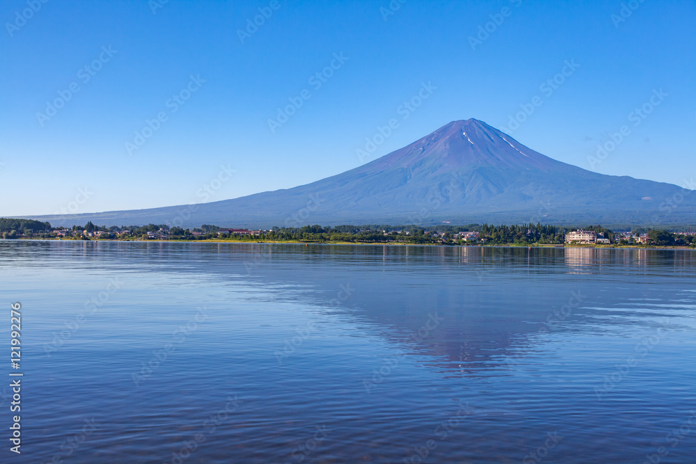 Panorama view of Mountain Fuji with reflection at Lake Kawaguchiko in summer  season