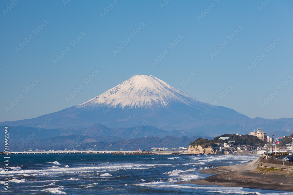 Mountain Fuji and sea in autumn season at Sagami bay , Kanagawa prefecture , Japan Mountain Fuji and sea in autumn season at Sagami bay , Kanagawa prefecture , Japan