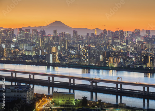 Mount Fuji and Tokyo city view in sunset time