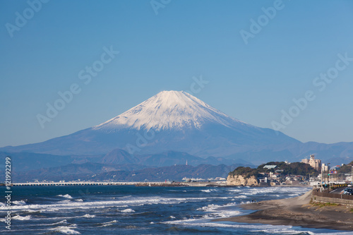 Mountain Fuji and sea in autumn season at Sagami bay , Kanagawa prefecture , Japan