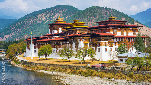 The Punakha Dzong Monastery in Bhutan Asia one of the largest monestary in Asiawith the landscape and mountains background, Punakha,Bhutan photo