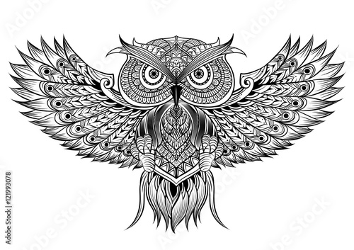Vector hand drawn Owl. Black and white zentangle art. Ethnic pat