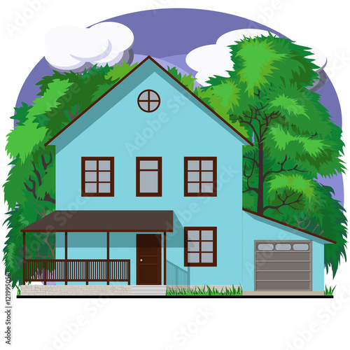 Blue two-story facade of an apartment house with garage on the background with sky, clouds and trees