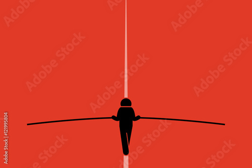 Tightrope walker walking and balancing on the wire with a long pole. He is taking risk and challenging himself doing the stunt. Simple vector background with copy space.