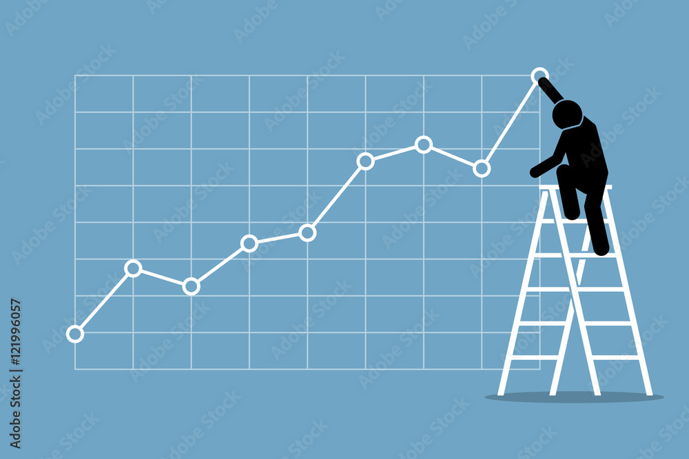 Businessman climbing up on a ladder to adjust an uptrend graph chart on a wall. Vector artwork depicts financial success, bullish stock market, good sales, profit, and growth. Businessman climbing up on a ladder to adjust an uptrend graph chart on a wall. Vector artwork depicts financial success, bullish stock market, good sales, profit, and growth.