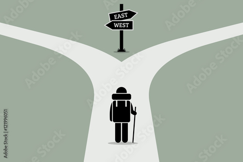 Explorer reaching a split road trying to make decision on where to go next. Road sign showing different directions. Vector artwork depicts junction of life, decision making, and uncertain future.