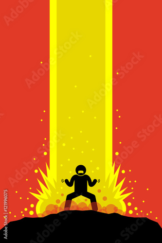 Superhero superhuman charging up his super power energy that explode up to the sky causing a massive explosion. His super power is overwhelming. Vector artwork drawn in anime style.