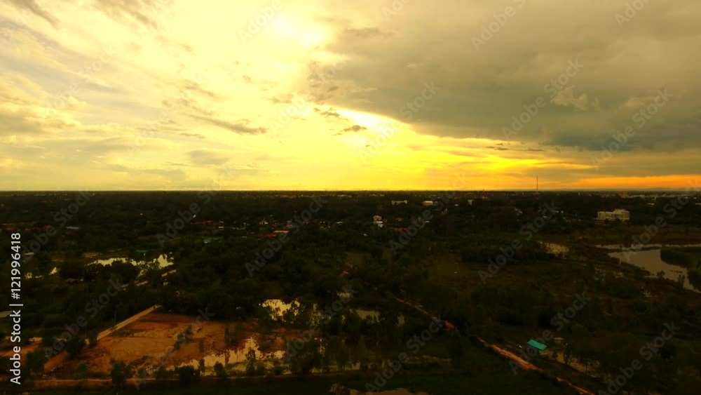 aerial flying with cityscape sunset view aerial flying with cityscape sunset view