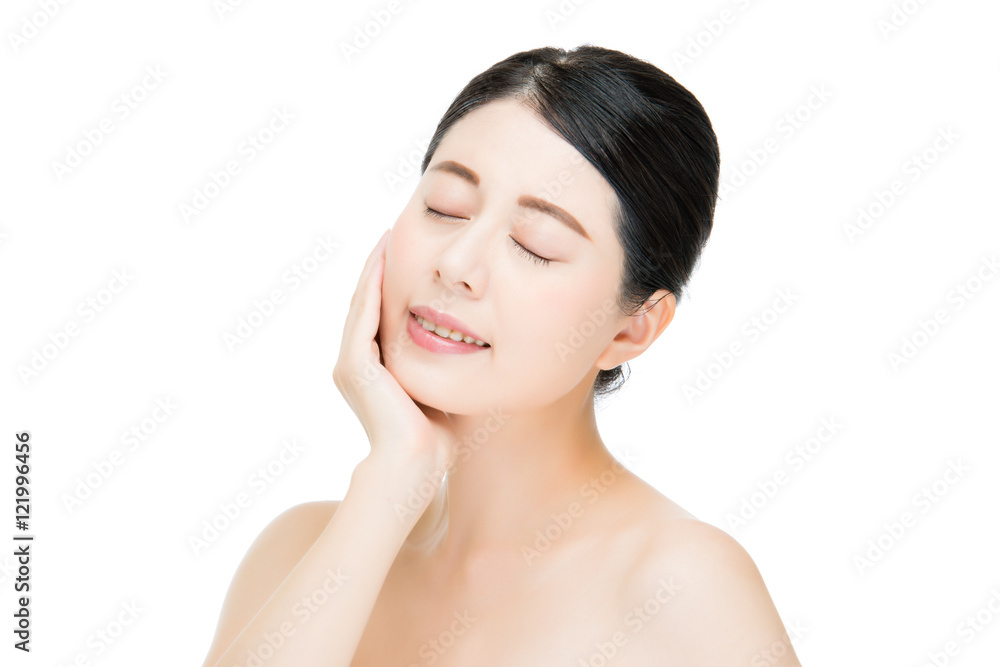 Beautiful asian woman touch her beauty face, white background Beautiful asian woman touch her beauty face, white background